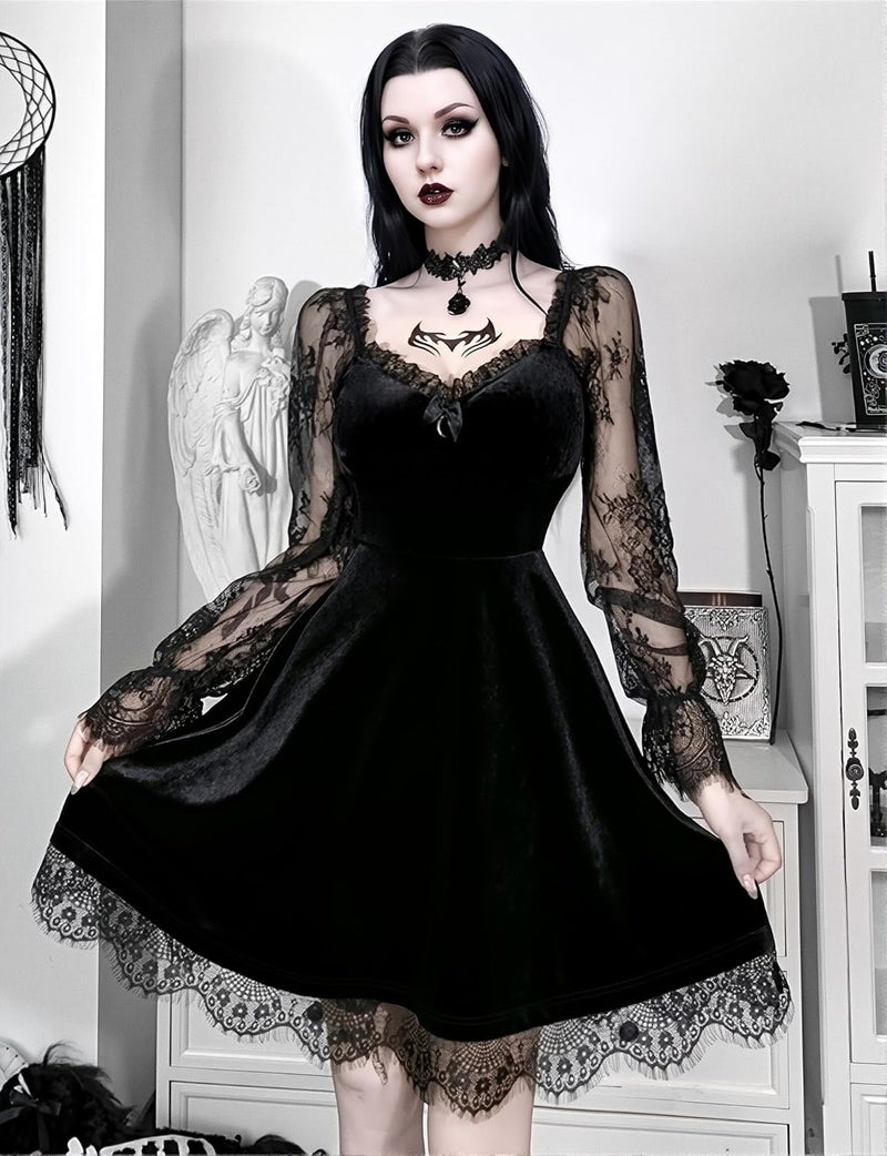 LANSHULAN Store Lace Long Sleeve Dress Black Draped Bodycon Goth Vintage Dresses Clothes - Image 3